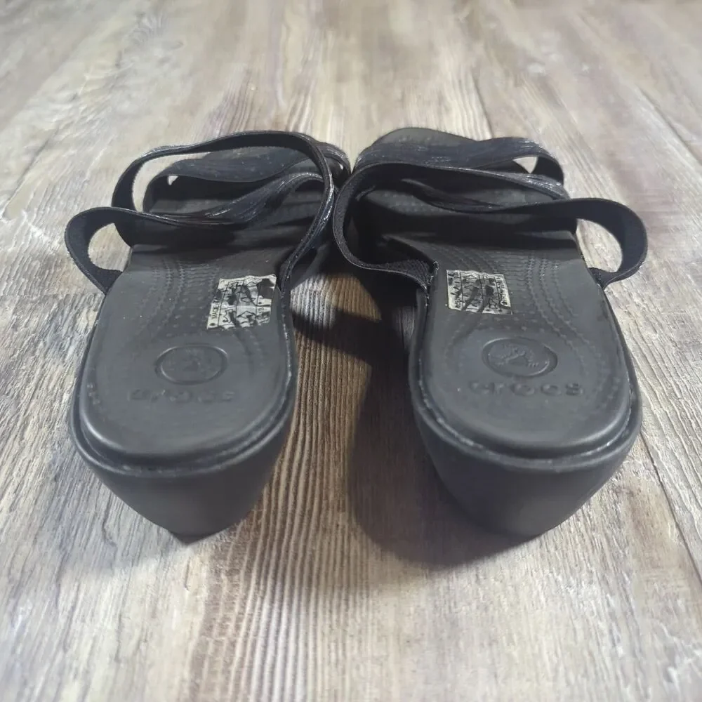Crocs Sandals Women's Size 8 Molalla II Black Animal Print Criss Cross Wedge